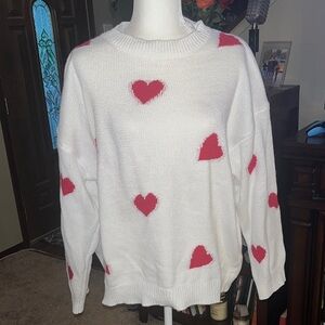 Red and White Crew Neck Sweater with Heart Design